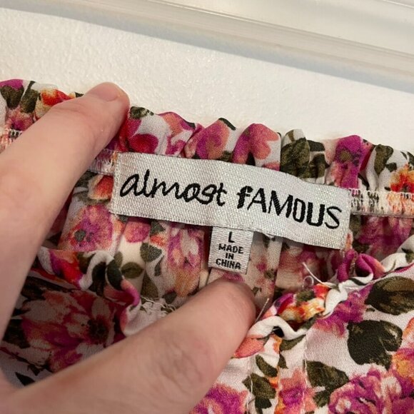 ALMOST FAMOUS Cream Ivory Pink Floral Off the Shoulder Long Bell Sleeve Crop Top - Picture 3 of 12